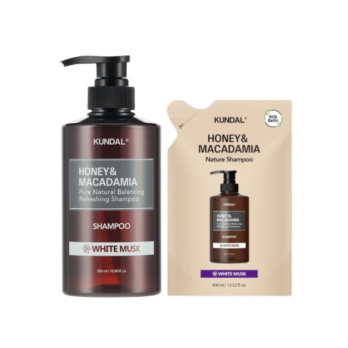 KUNDAL - Honey & Macadamia Nature Shampoo - 500ml + Refill Pack 400lml Set - White Musk