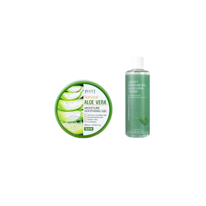 Jigott - Moisture Real Aloe Vera Toner - 300ml (1ea) + Natural Aloe Vera Moisture Soothing Gel - 300ml (1ea) Set 51268
