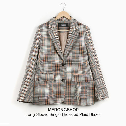 MERONGSHOP - Long-Sleeve Single-Breasted Plaid Blazer 