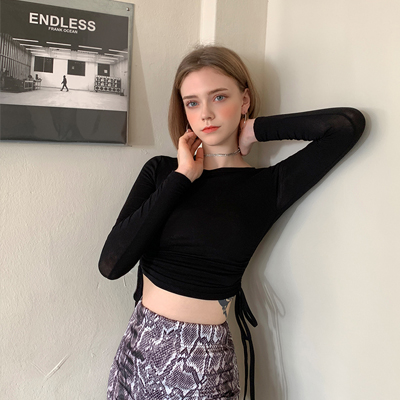 chuu Long-Sleeve Drawstring Cropped Top