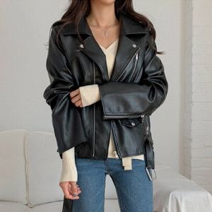  MERONGSHOP - Faux Leather Biker Jacket