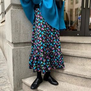  MissLady - Band-Waist Pattern Ruffle-Hem Midi Skirt