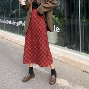  PinkGirl - Side-Zip Plaid Midi Skirt