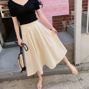  Cherryville - Band-Waist Side-Zip Plain Midi Skirt