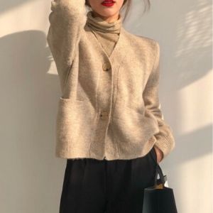  Souland - Long-Sleeve Plain Knit Cardigan