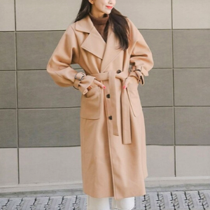  Icecream12 - Plain Single-Breasted Long Coat with Sash