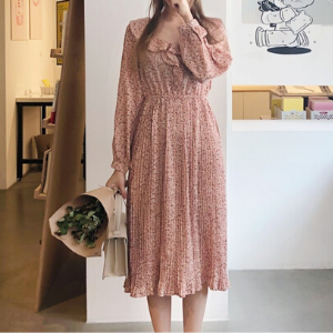  Cherryville - Ruffled Collar Floral Print Pleated Dress