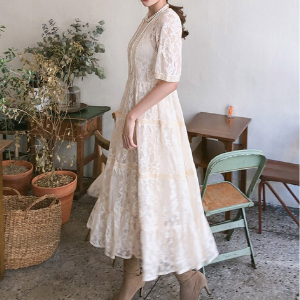  chuu - Short-Sleeve Lace Tiered Dress - Beige/One Size