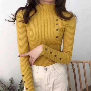 MsBlossom - Mock Turtleneck Buttoned Ribbed Top 