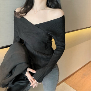  MsBlossom - Off-Shoulder Ribbed Wrap Knit Top