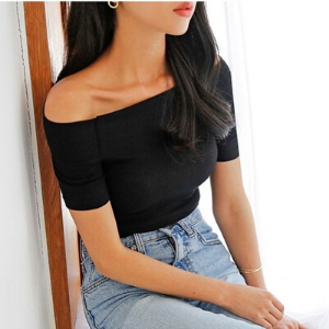  MYBANY - Off-Shoulder Plain Ribbed Top