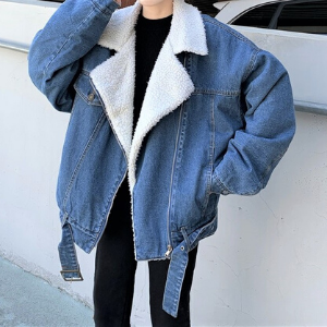  Dearest - Sherpa-Fleece Denim Biker Jacket
