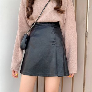 MissLady - Faux-Leather Buttoned A-Line Mini Skirt