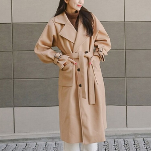  Icecream12 - Plain Single-Breasted Long Coat with Sash