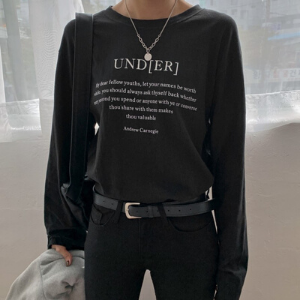  MERONGSHOP - Long-Sleeve Round-Neck Lettering Tee